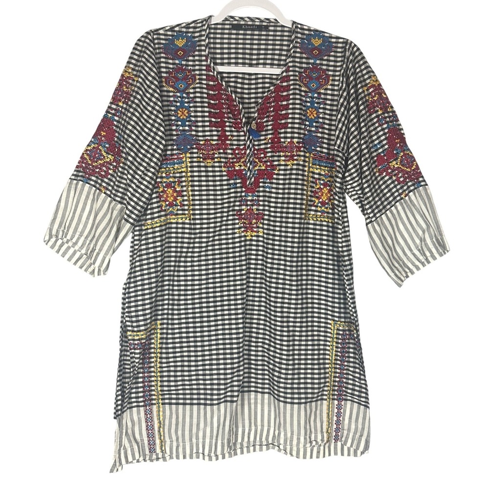 Khaadi Embroidered Boho Long Tunic Top Sz‎ 12 Black & White Gingham 100% Cotton